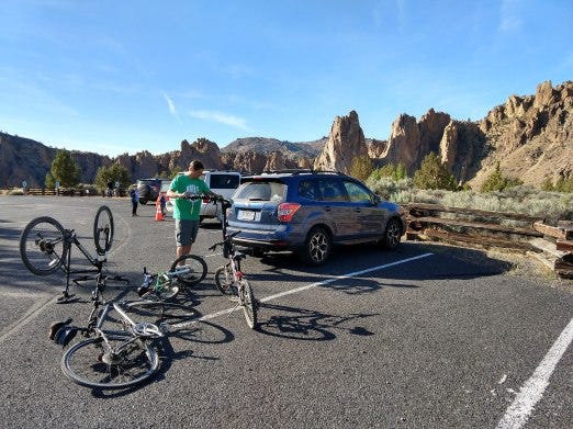 Loading our bikes back on the Subaru at Smith Rock in Oregon