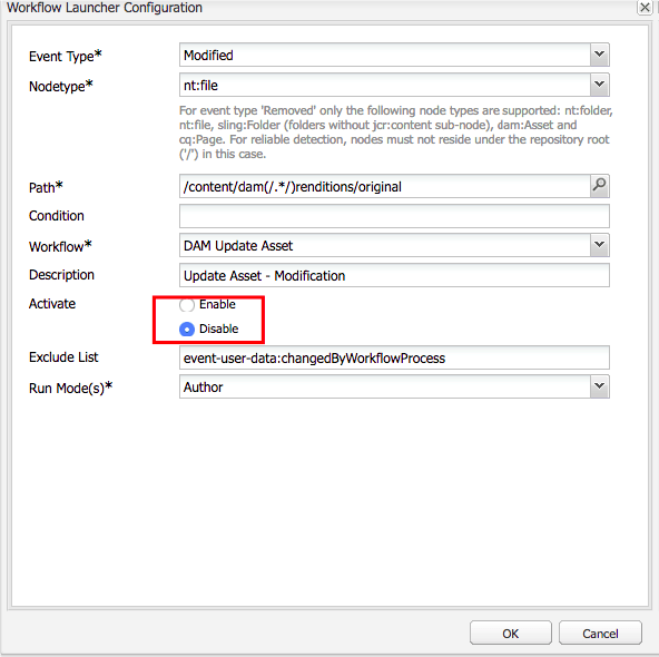 Disable all DAM Update Assets workflow launchers