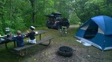 Our Subaru popped-open camping mode overlooking the Mississippi in Minnesota