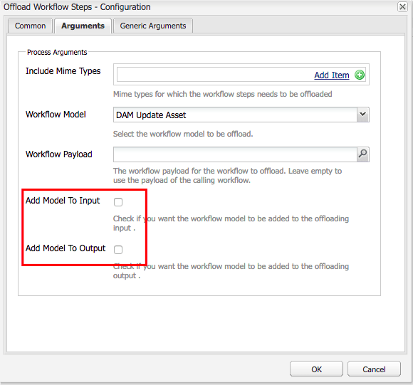 Open the Arguments tab, and unselect the Add Model To Input and Add Model To Output options